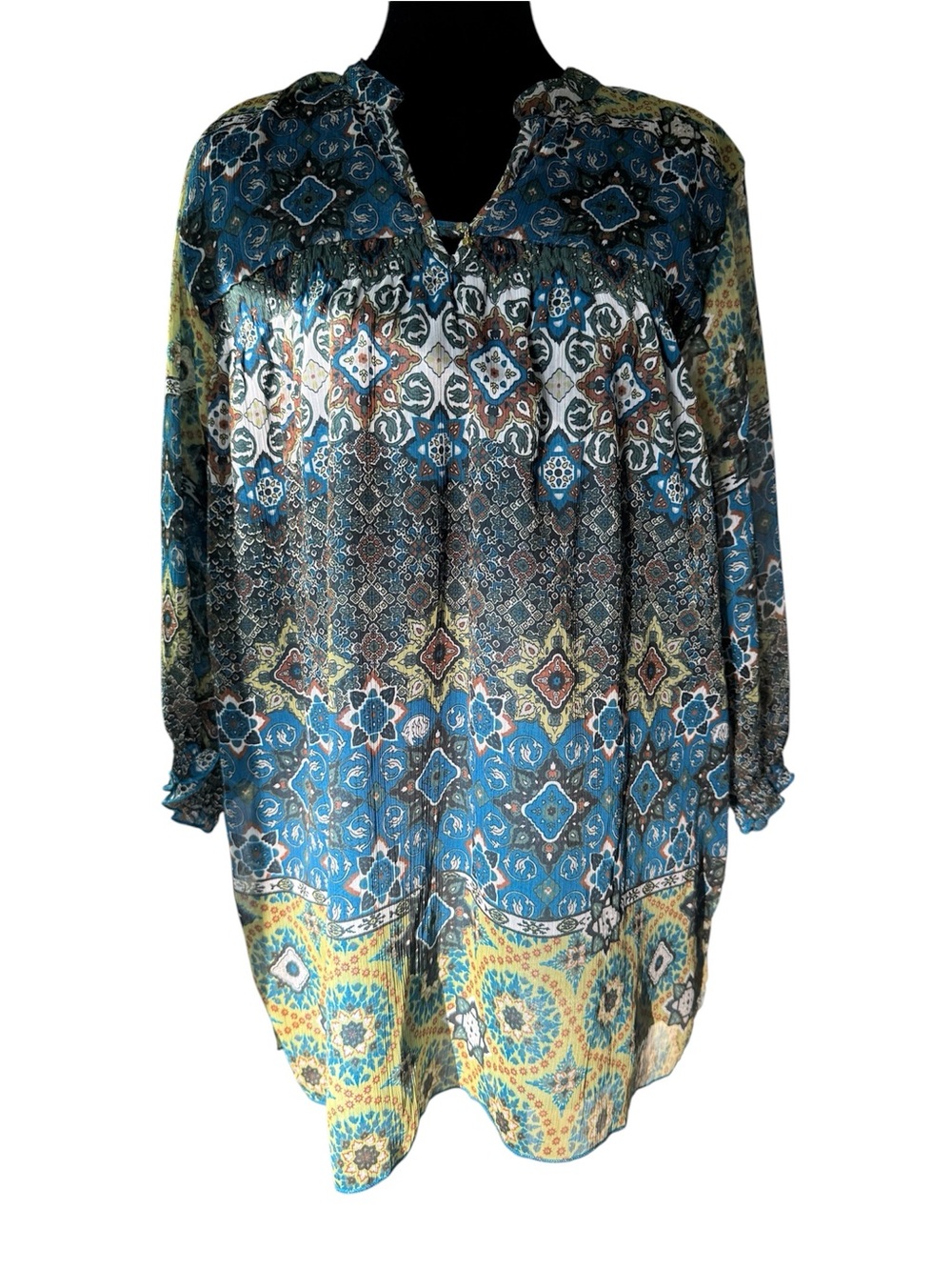Kaktus Blue Lime Geometric Tunic Top Double Layer V-Neck Pleated Size M